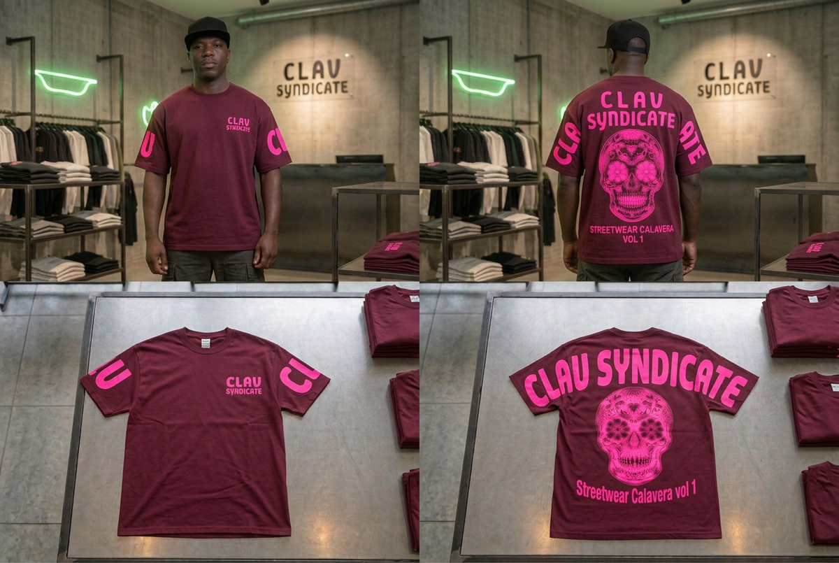 CLAV Syndicate Calavera T-Shirt - Burgundy / Neon Pink Oversized Print