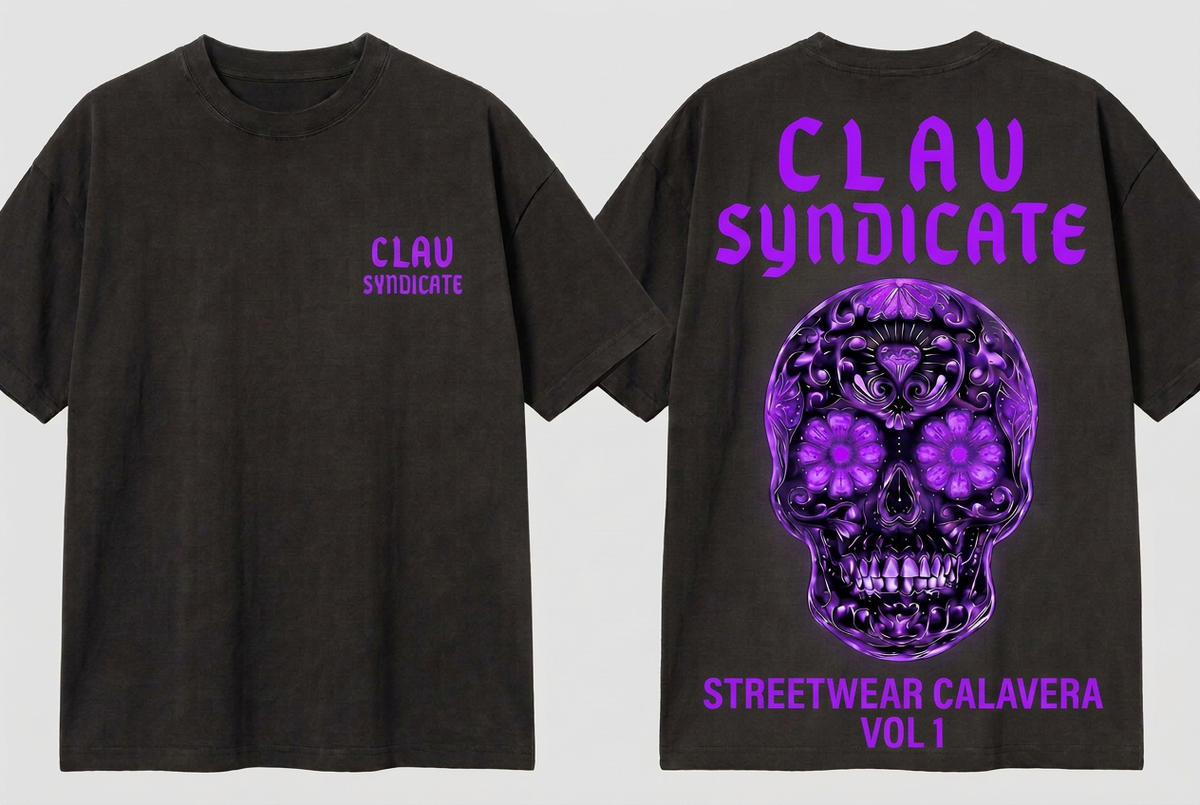 CLAV Syndicate Floral Calavera T-Shirt - Charcoal / Electric Purple