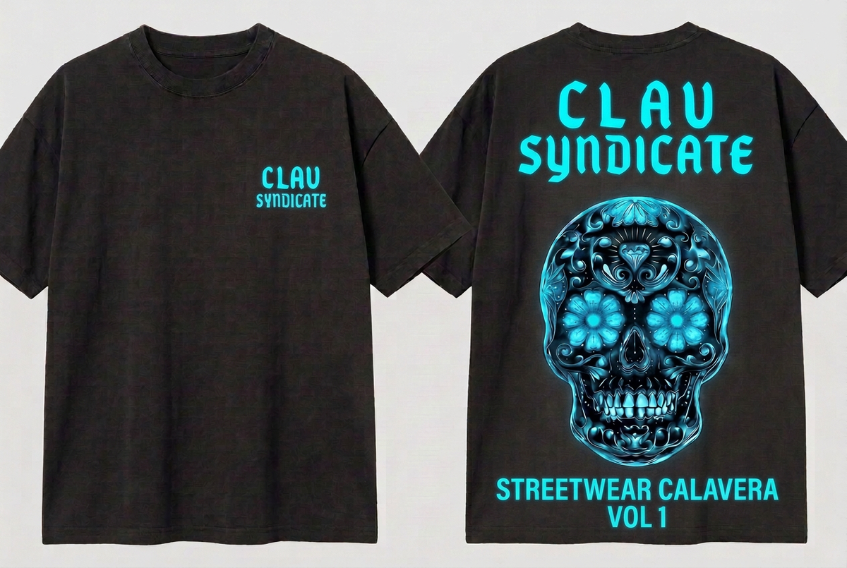 CLAV Syndicate Floral Calavera T-Shirt - Charcoal / Neon Light Blue