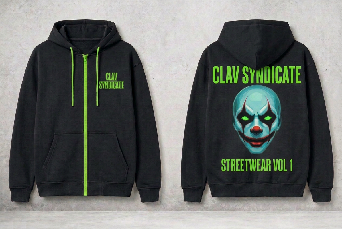 Charcoal hoodie revision using the original clown reference with green eyes