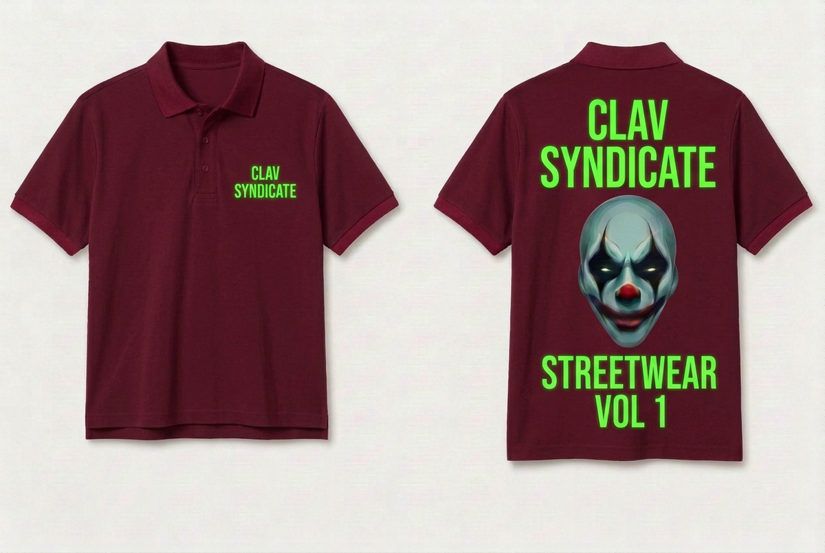 CLAV Syndicate Clown Tennis Polo - Burgundy / Neon Green - Plain Trim