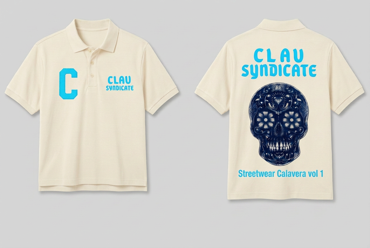 CLAV Syndicate Calavera Tennis Polo - Cream White / Neon Light Blue C