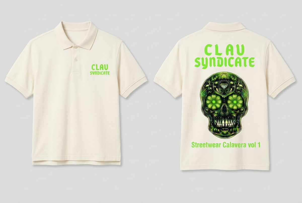CLAV Syndicate Calavera Tennis Polo - Cream White / Neon Green