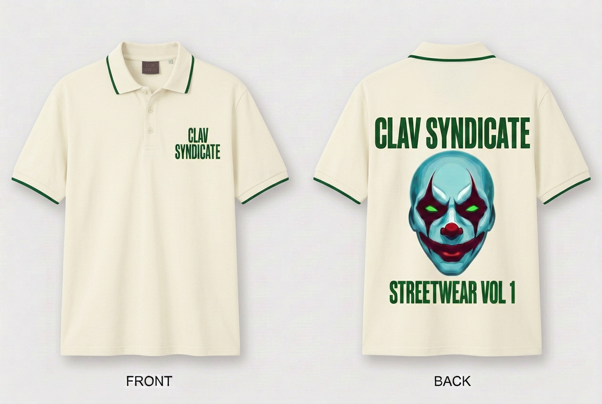 CLAV Syndicate Clown Tennis Polo - Cream White / Forest Green