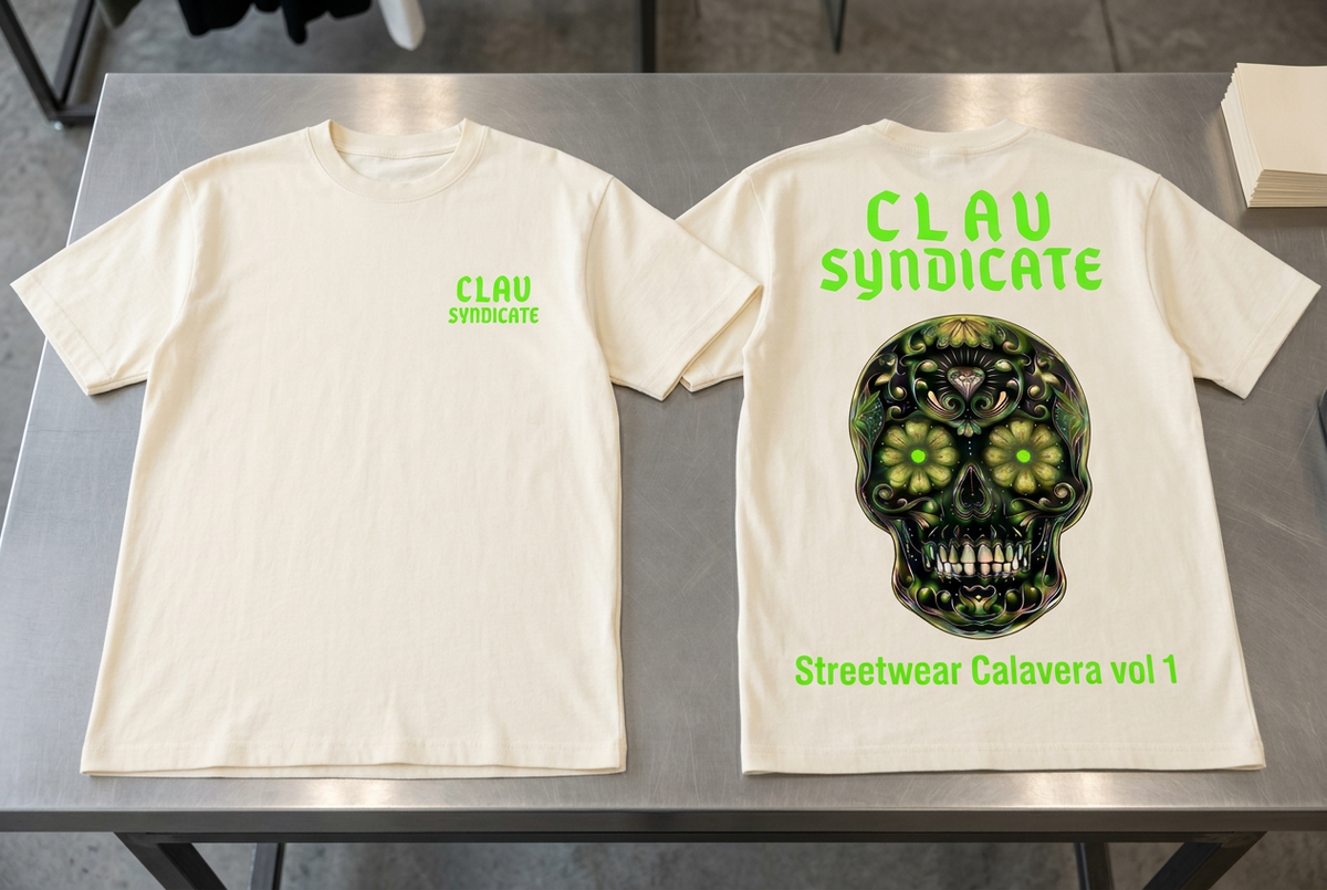 CLAV Syndicate Floral Calavera T-Shirt - Cream White / Neon Green