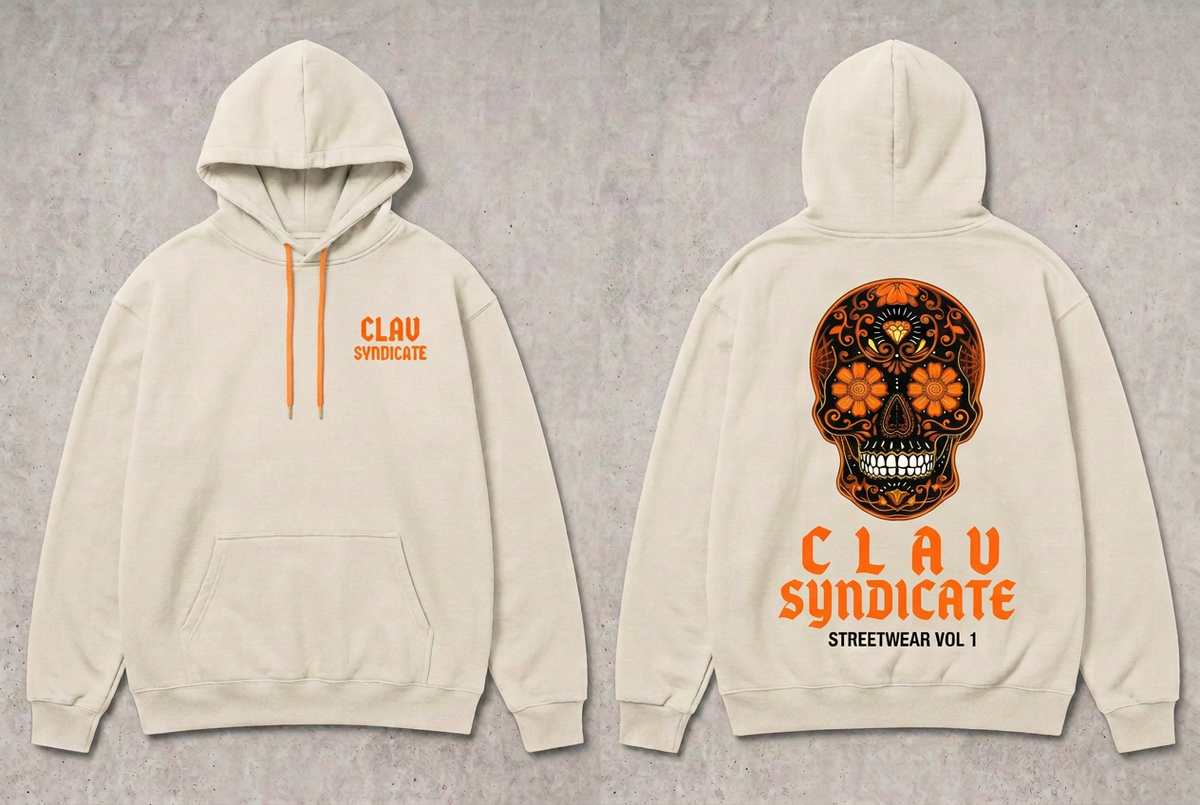 CLAV Syndicate Floral Calavera Pullover Hoodie - Cream White / Orange