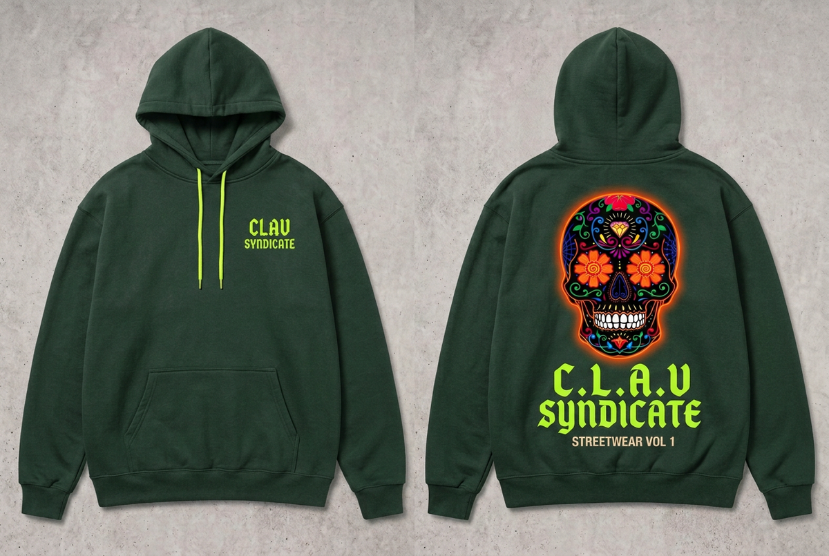 CLAV Syndicate Floral Calavera Pullover Hoodie - Forest Green