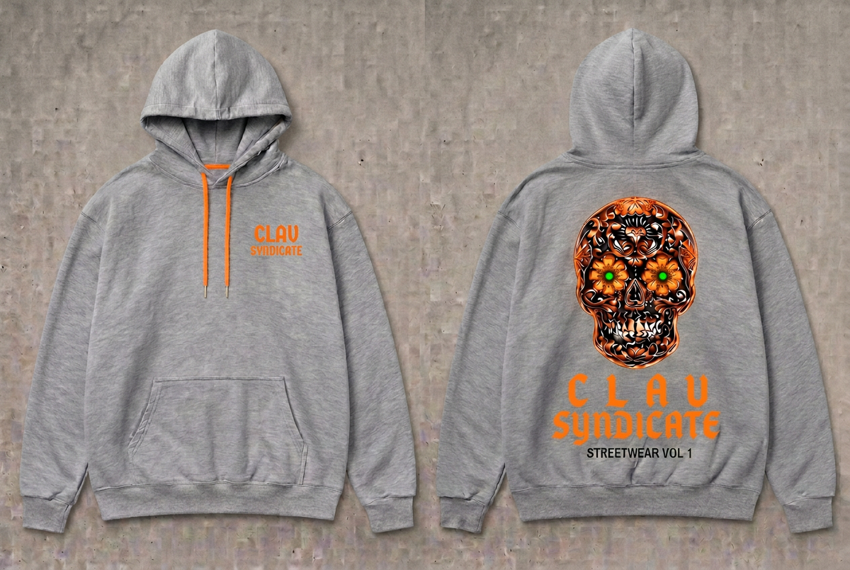 CLAV Syndicate Floral Calavera Pullover Hoodie - Heather Grey / Warm Orange