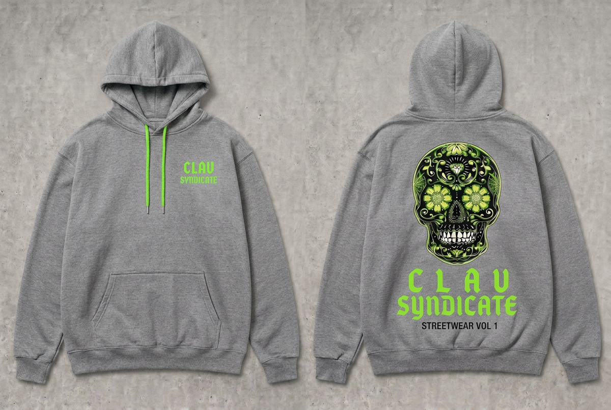 CLAV Syndicate Floral Calavera Pullover Hoodie - Heather Grey / Neon Green