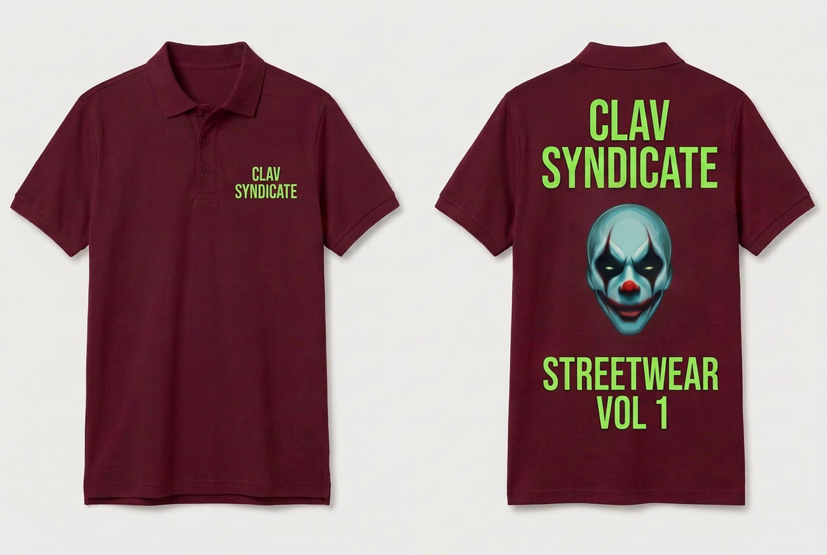 CLAV Syndicate Clown Tennis Polo - Burgundy / Neon Green - Plain Trim
