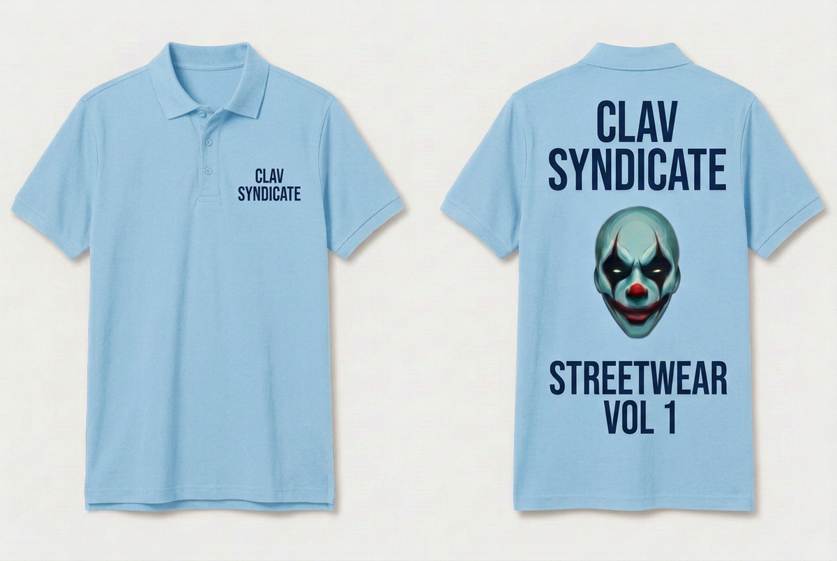 Light-blue polo with separated views and clear text