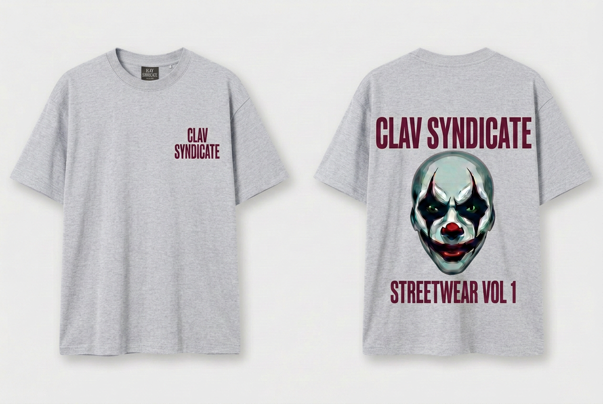 CLAV Syndicate Clown T-Shirt - Light Grey / Deep Burgundy