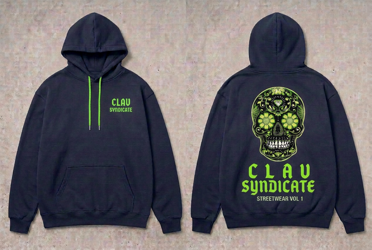CLAV Syndicate Floral Calavera Pullover Hoodie - Navy / Neon Green