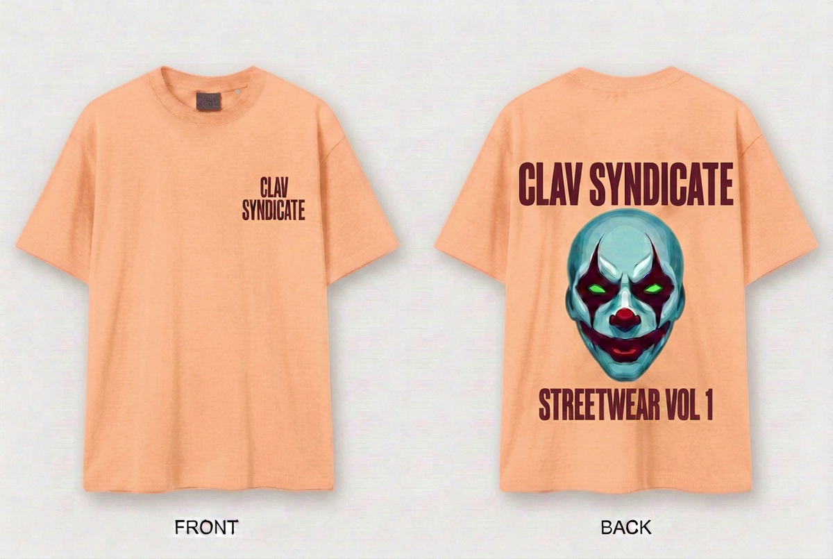 Peach CLAV Syndicate T-shirt with burgundy lettering, front and back
