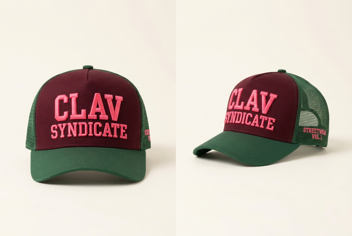 Burgundy and forest-green CLAV trucker with neon-pink embroidery