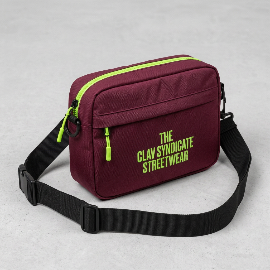 Burgundy and neon-green crossbody bag