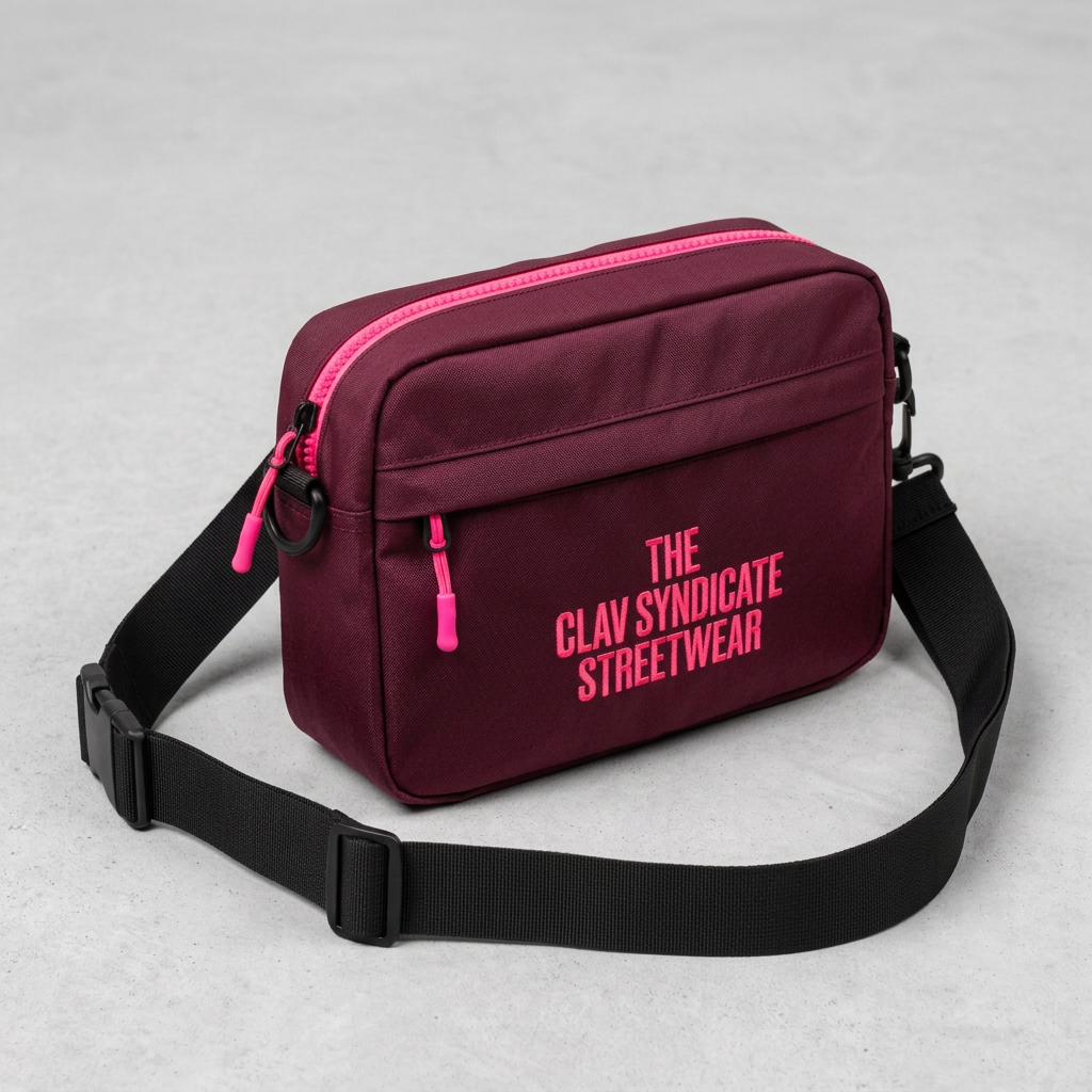 Burgundy and neon-pink crossbody bag