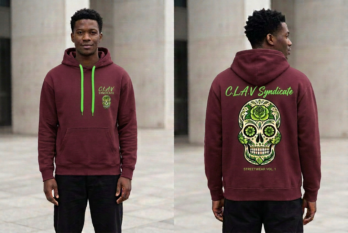 CLAV Syndicate Green Calavera Pullover Hoodie - Burgundy / Neon Green