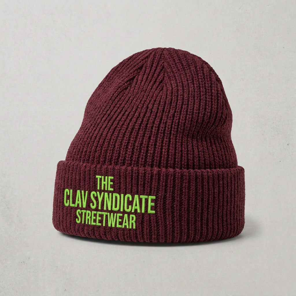 Burgundy C.L.A.V Syndicate-beanie med neongrön brodyr