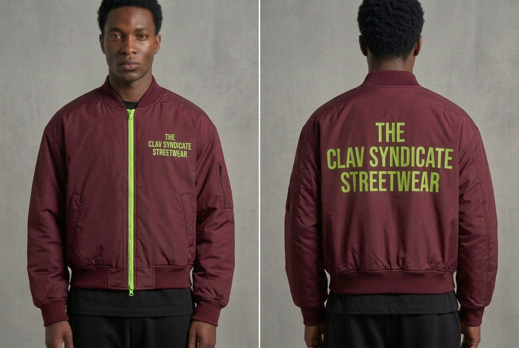 Burgundy C.L.A.V Syndicate-bomber med neongrön dragkedja och text, på modell fram och bak