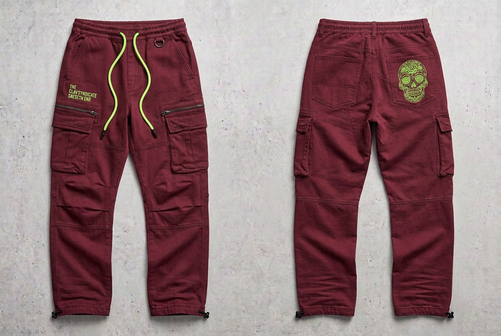 Burgundy C.L.A.V Syndicate-cargos med neongröna midjesnören och calavera på bakfickan, fram och bak