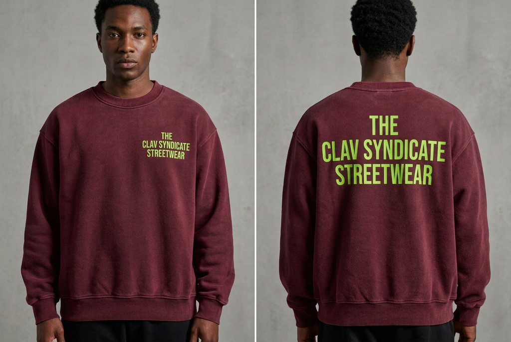 Burgundy C.L.A.V Syndicate-crewneck på modell, närbild fram och bak med neongrön text