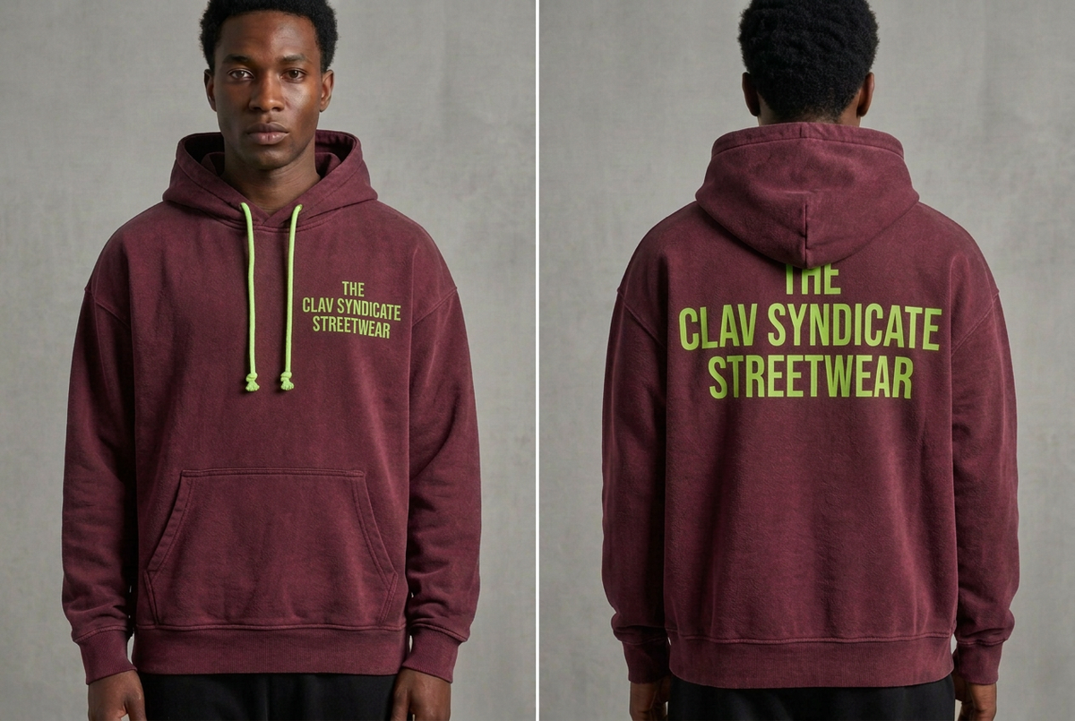 Burgundy C.L.A.V Syndicate-hoodie med neongröna snören och text, närbild fram och bak på modell