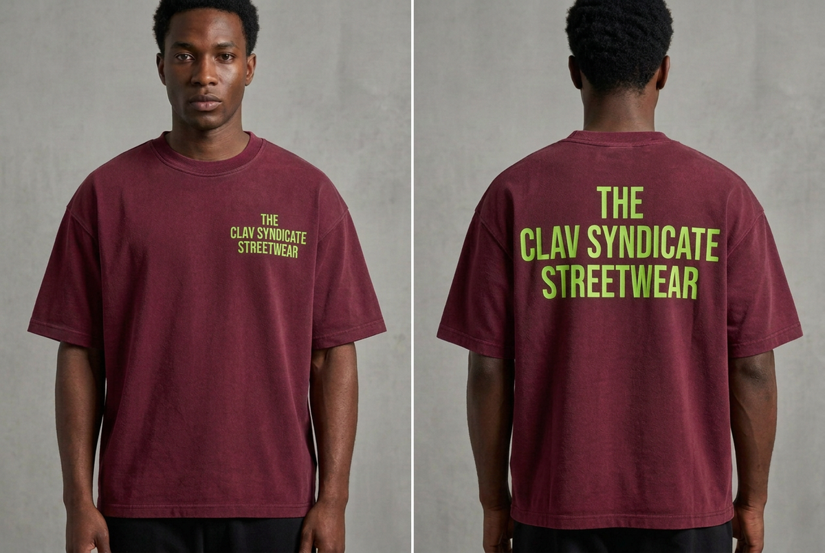 Burgundy C.L.A.V Syndicate-T-shirt på modell, närbild fram och bak med neongrön text