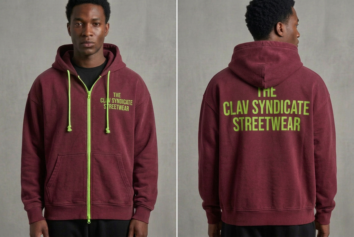 Burgundy C.L.A.V Syndicate-zip-hoodie med neongrön dragkedja, snören och text, på modell fram och bak