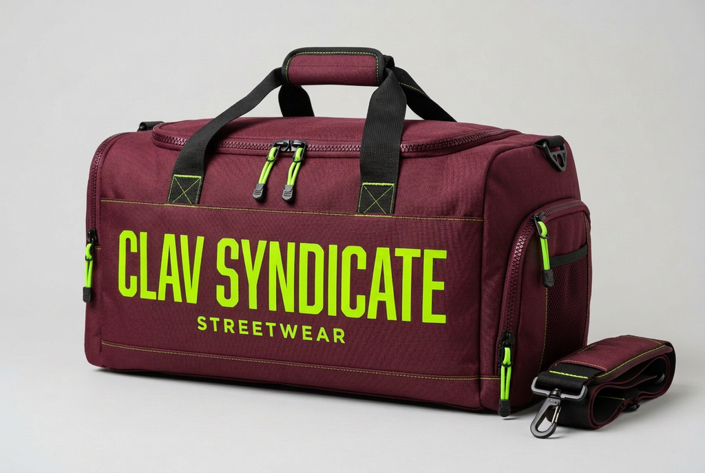 Burgundy CLAV Syndicate duffle with neon-green branding
