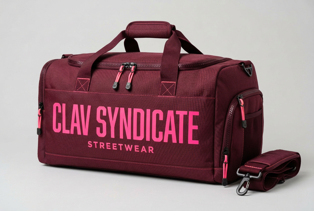 Burgundy CLAV Syndicate duffle with neon-pink branding
