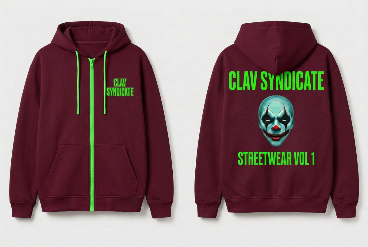 Burgundy CLAV Syndicate full-zip hoodie concept with neon-green branding and the original clown, front and back