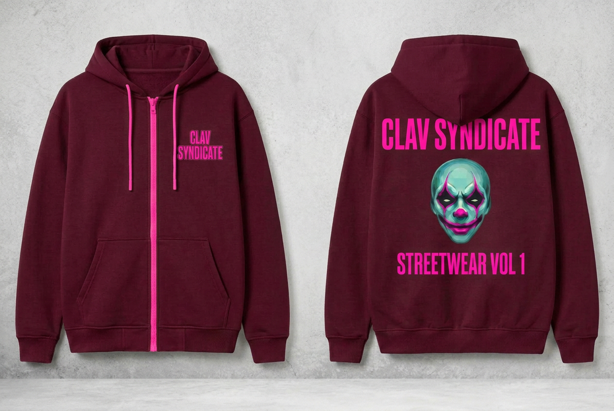 Burgundy CLAV Syndicate full-zip hoodie concept with neon-pink branding, front and back