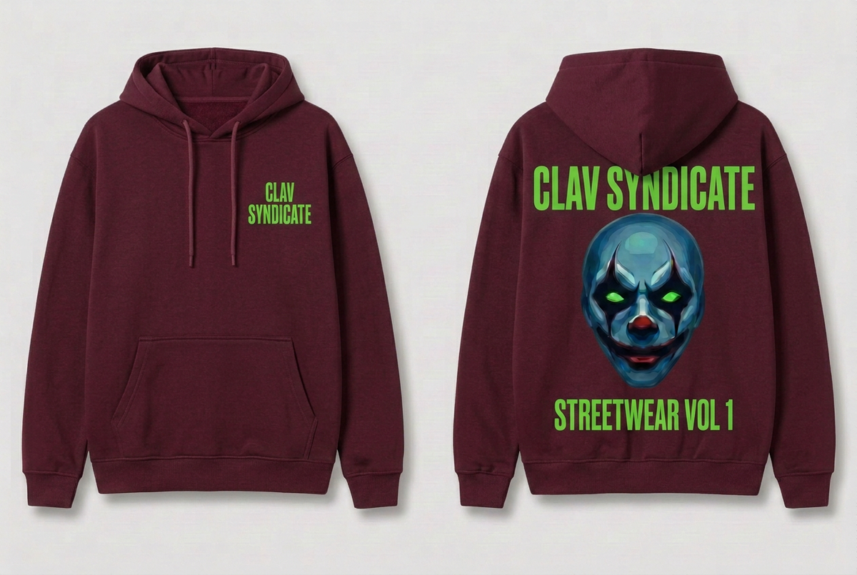 CLAV Syndicate Clown Pullover Hoodie - Burgundy / Neon Green
