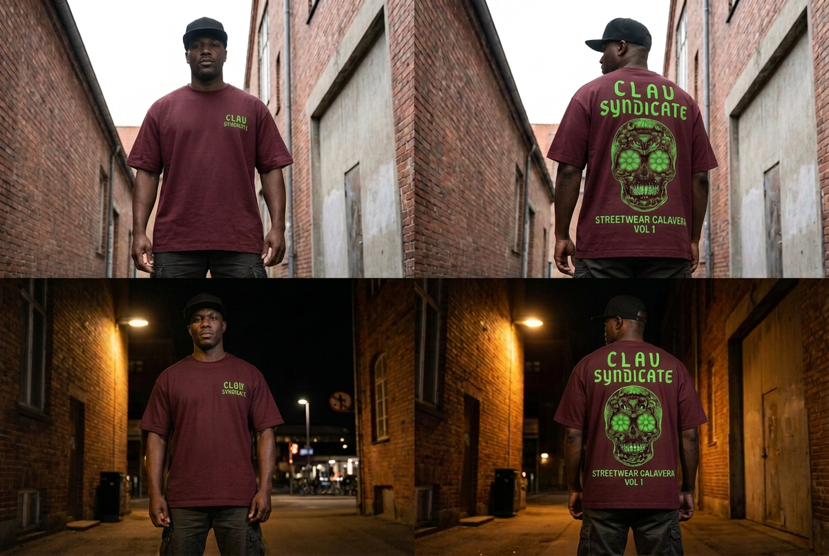 CLAV Syndicate Floral Calavera T-Shirt - Burgundy / Neon Green