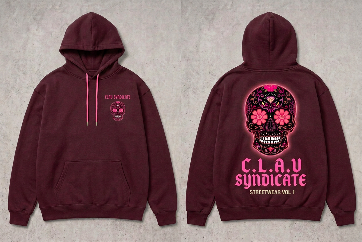 CLAV Syndicate Floral Calavera Pullover Hoodie - Burgundy / Pink