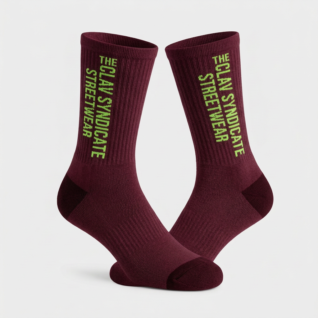 Burgundy nr 1 C.L.A.V Syndicate-strumpor med neongrön text