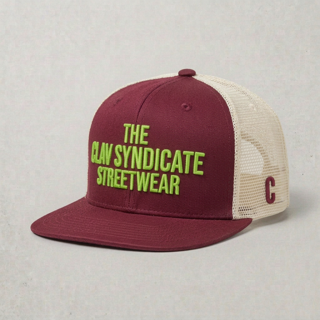 Burgundy nr 1 C.L.A.V Syndicate-truckerkeps med cremefärgade nätsidor och neongrön brodyr