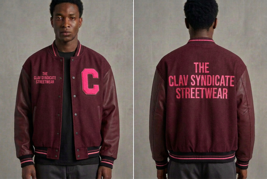 Burgundy nr 2 C.L.A.V Syndicate-basebolljacka med neonrosa C, text och ribbdetaljer, fram och bak på modell