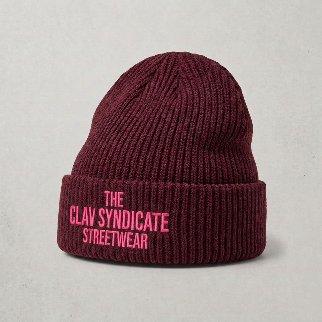 Burgundy nr 2 C.L.A.V Syndicate-beanie med neonrosa brodyr