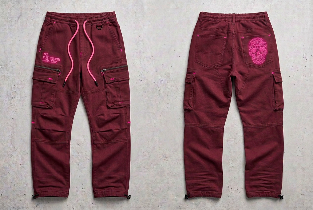 Burgundy nr 2 C.L.A.V Syndicate-cargos med neonrosa text, midjesnören och calavera, fram och bak