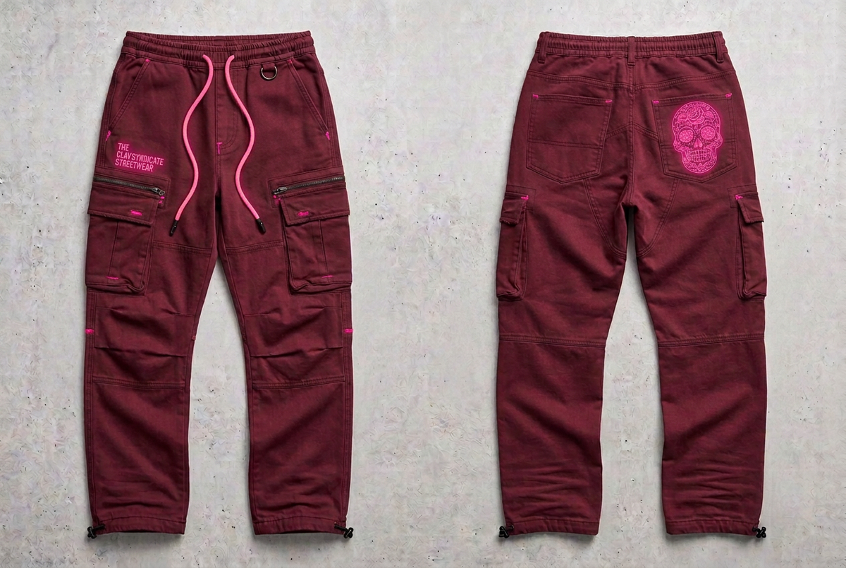 Burgundy nr 2 C.L.A.V Syndicate-cargos med neonrosa text, midjesnören och calavera, fram och bak