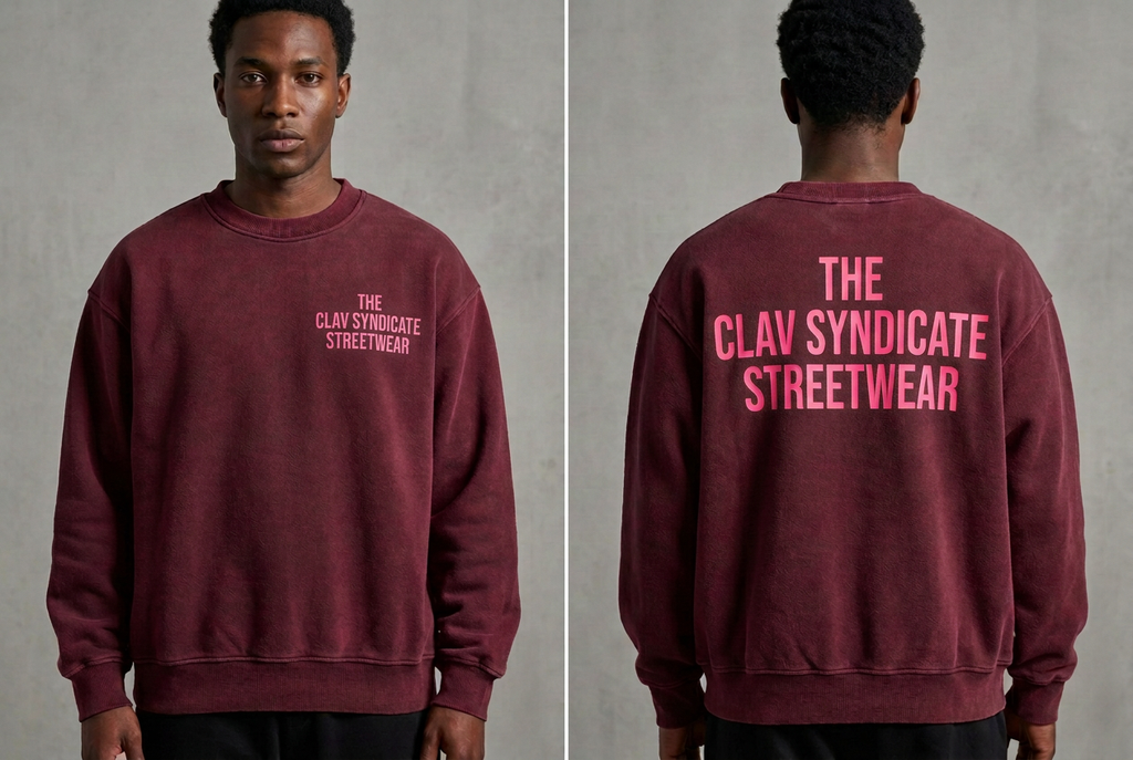 Burgundy nr 2 C.L.A.V Syndicate-crewneck med neonrosa text, närbild fram och bak på modell