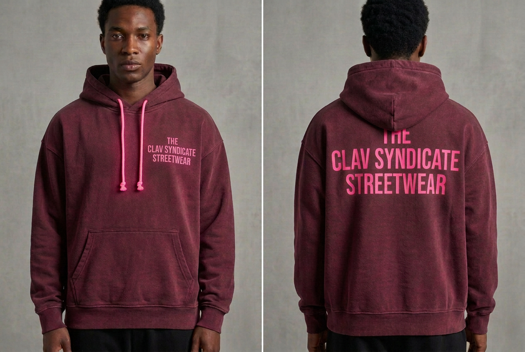 Burgundy nr 2 C.L.A.V Syndicate-hoodie med neonrosa text och snören, närbild fram och bak på modell