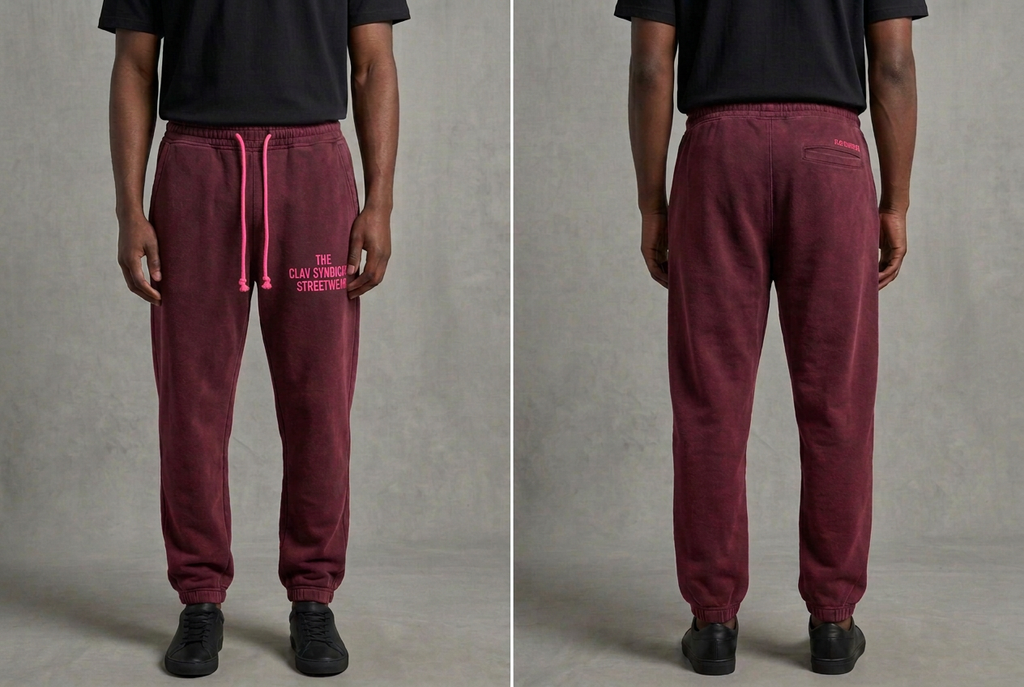 Burgundy nr 2 C.L.A.V Syndicate-joggers med neonrosa text och midjesnören, fram och bak på modell