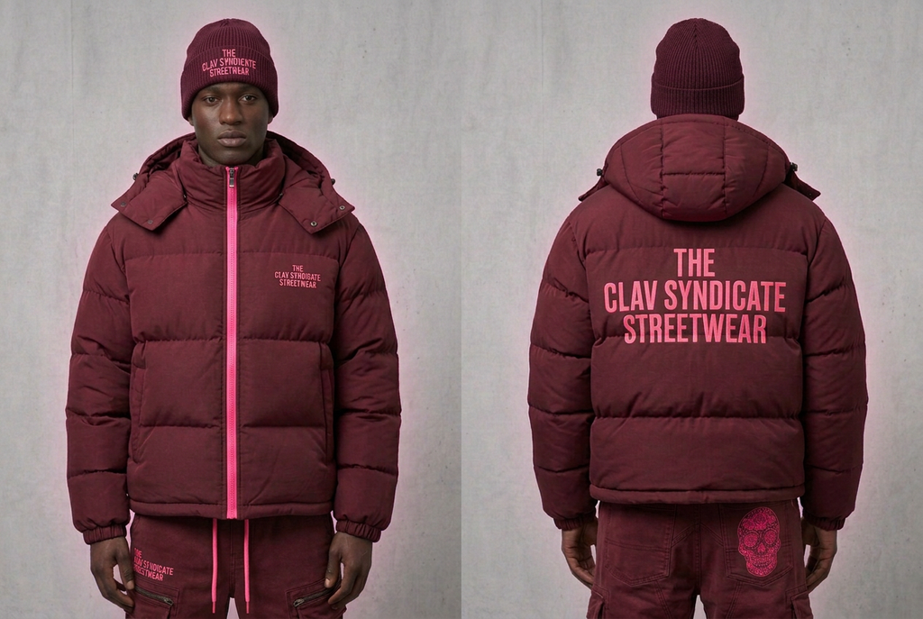 Burgundy nr 2 C.L.A.V Syndicate-puffer med matchande mössa och cargos, neonrosa text och detaljer, fram och bak