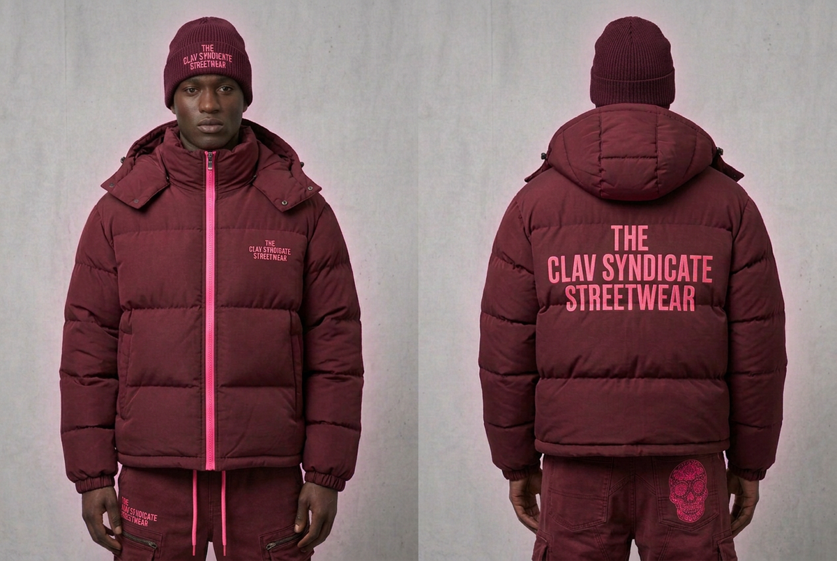 Burgundy nr 2 C.L.A.V Syndicate-puffer med matchande mössa och cargos, neonrosa text och detaljer, fram och bak