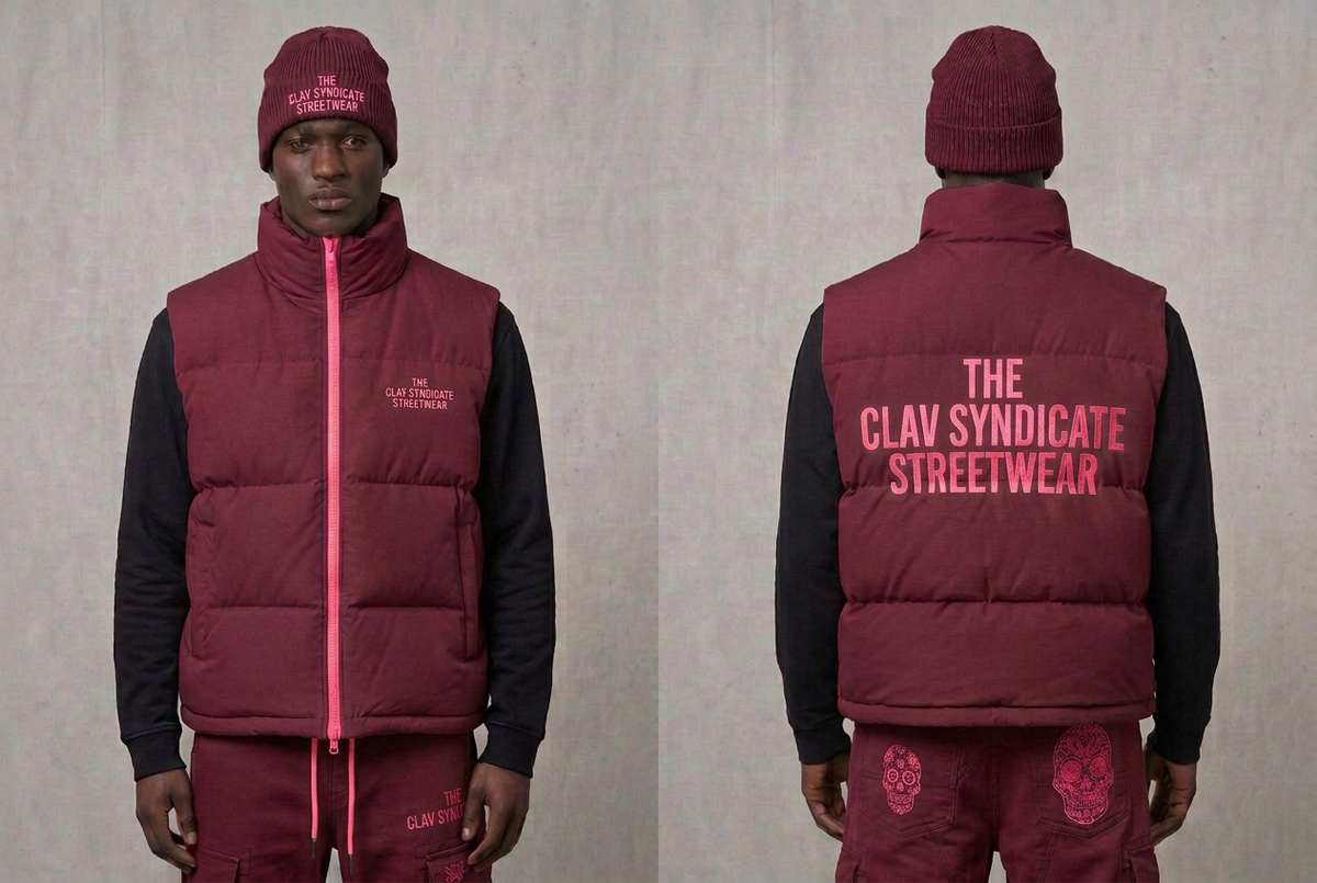 Burgundy nr 2 C.L.A.V Syndicate-pufferväst med matchande cargos och mössa, neonrosa detaljer, fram och bak