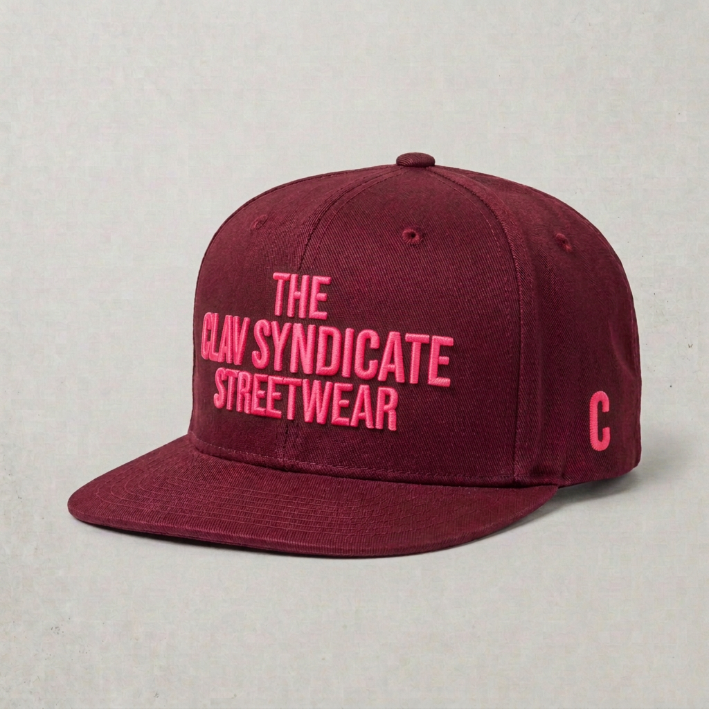 Burgundy nr 2 C.L.A.V Syndicate-snapback med neonrosa 3D-brodyr och C på sidan