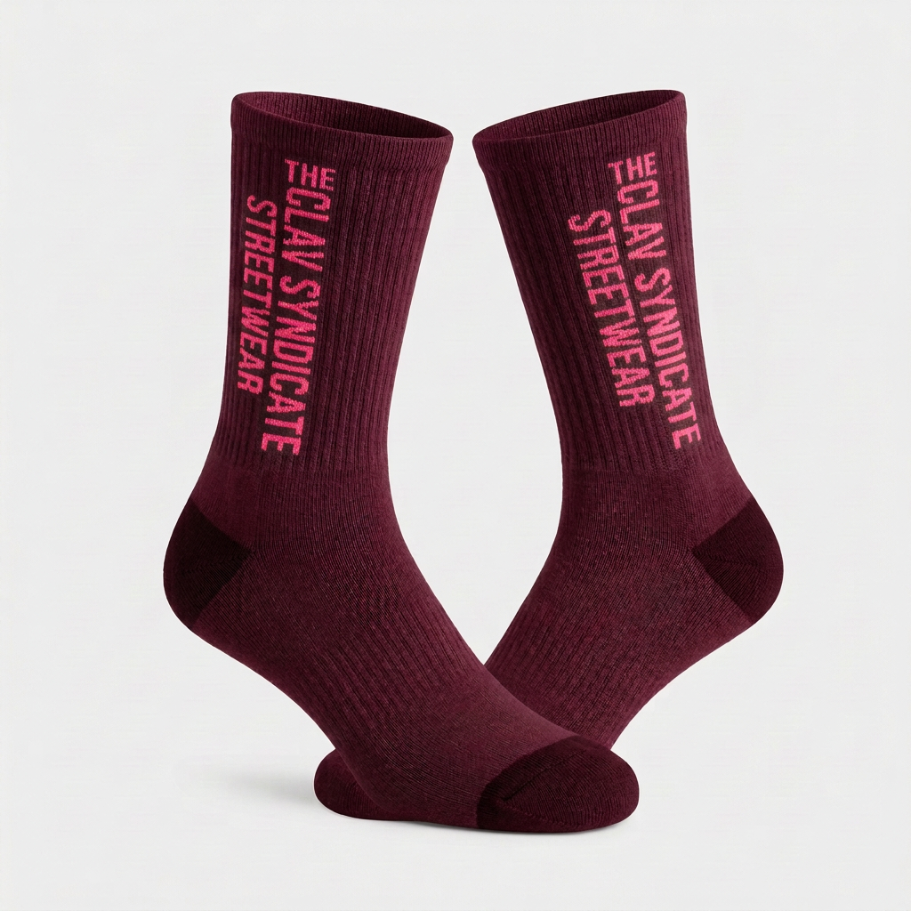 Burgundy nr 2 C.L.A.V Syndicate-strumpor med neonrosa text